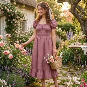 Sim & Sam Linen Blend Smocked Midi Dress - Dusty Mauve - Milkmaid - Size XL